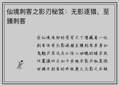 仙境刺客之影刃秘笈：无影逐猎，至臻刺客